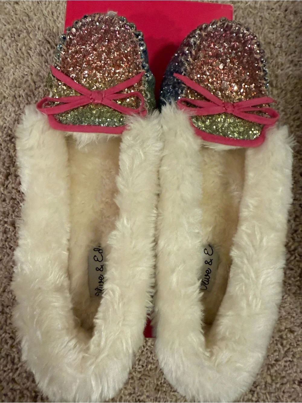Girls Cream Faux-Fur Lined Rainbow Glitter Moccasin Slippers with Pink Trim